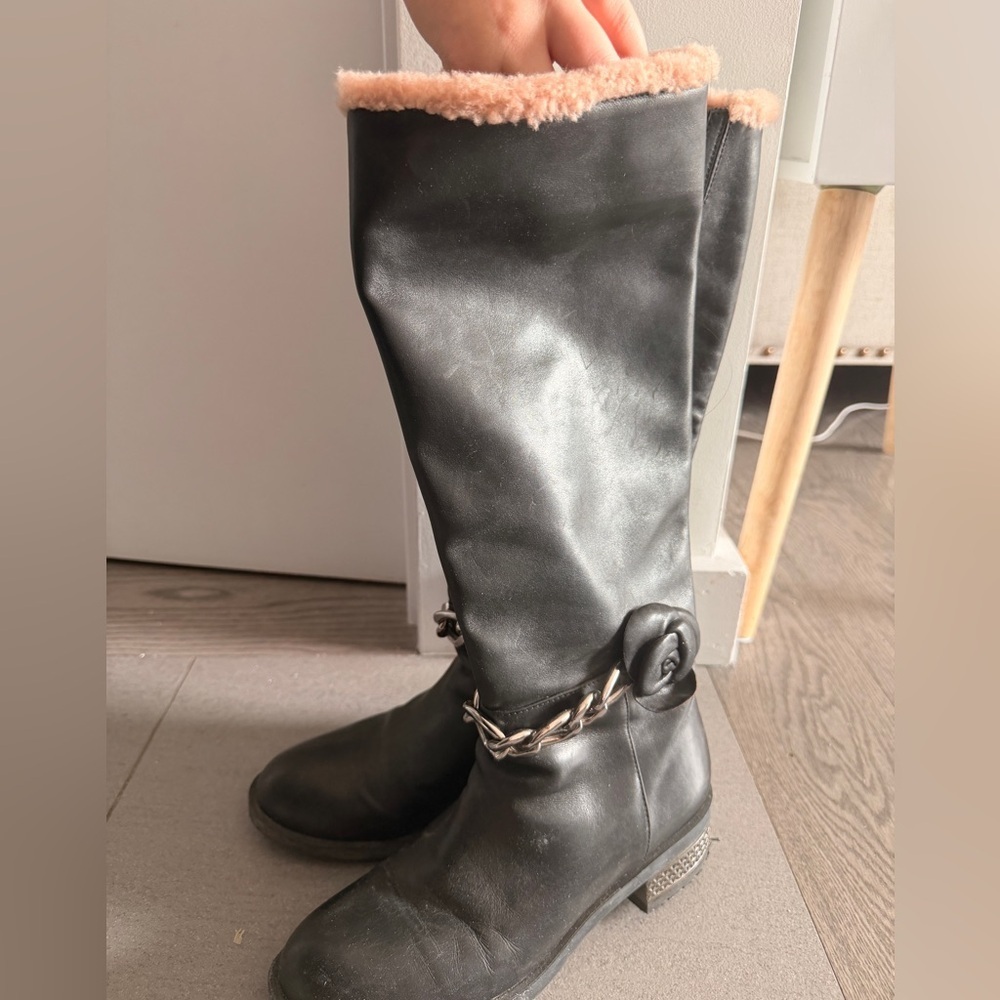 Marino Fabian made in italy black leather knee high boots pink fur trim - Picture 5 of 9